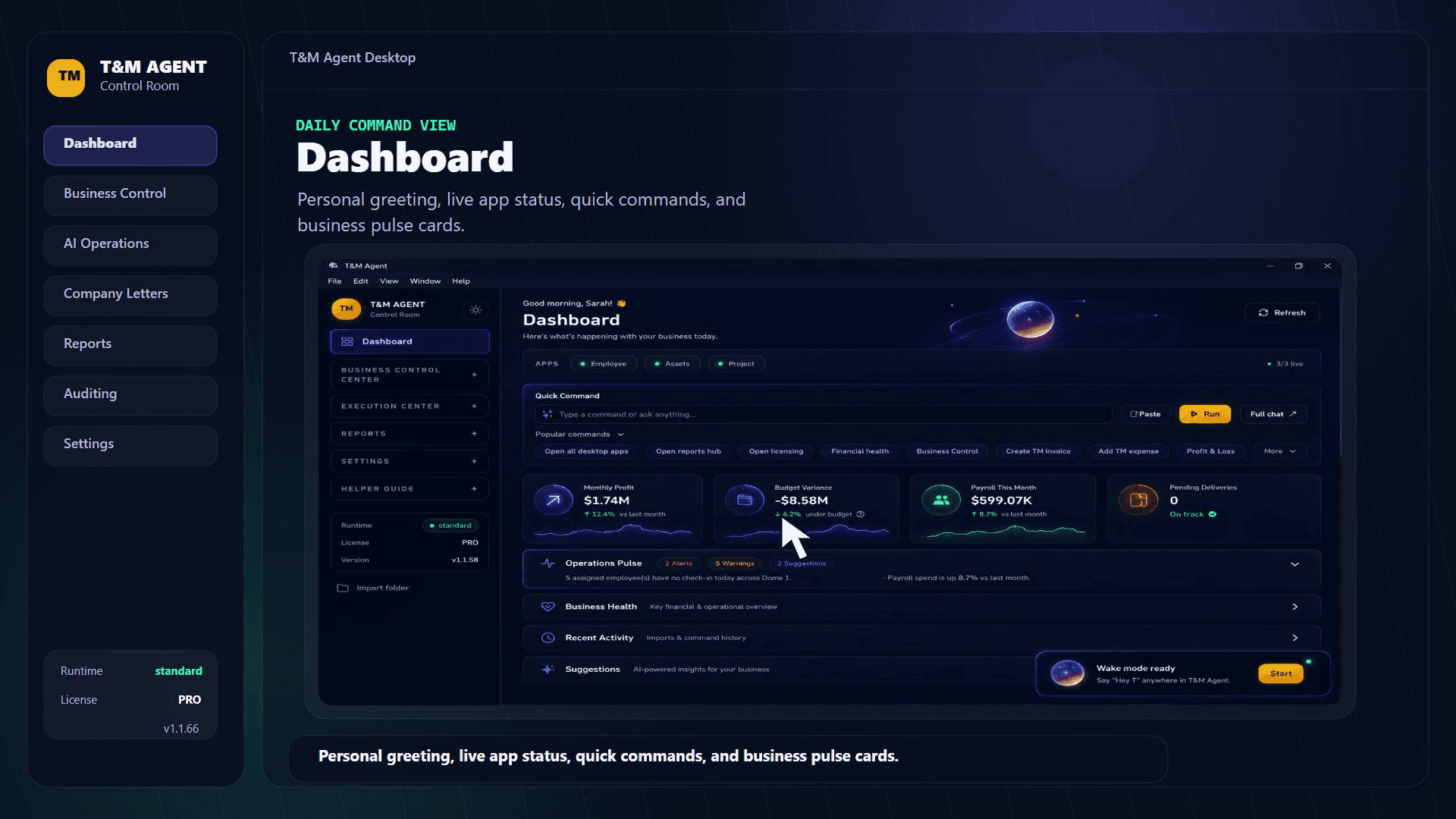 T&M Agent business control dashboard